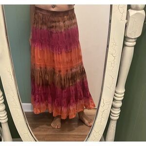 Boho Crinkle Skirt Pink Orange Brown Tiered Crochet Hem Lined